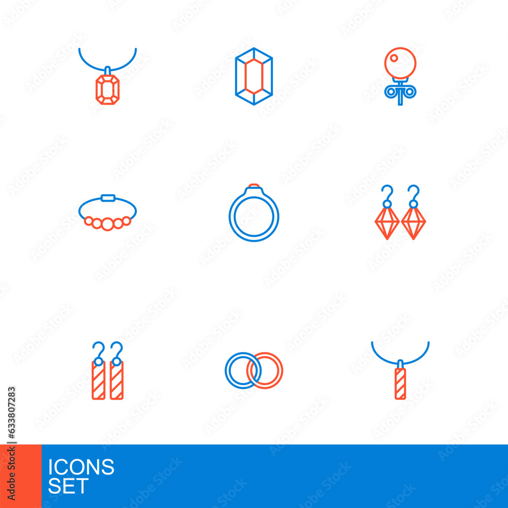 Set line Pendant on necklace, Wedding rings, Earrings, Bracelet jewelry, Diamond engagement, Stud earrings and Gem stone icon. Vector Set line Pendant on necklace, Wedding rings, Earrings, Bracelet jewelry, Diamond engagement, Stud earrings and Gem stone icon. Vector