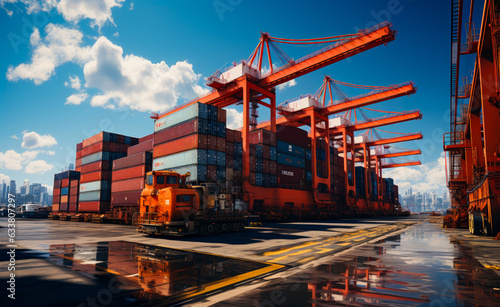 Colorful containers stacked under the big cranes. Loading machine at foreground. Low angle view. Blue bright sky at backdrop. photo