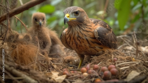ground angle view a hawk feeding her children on the nest. Generative AI
