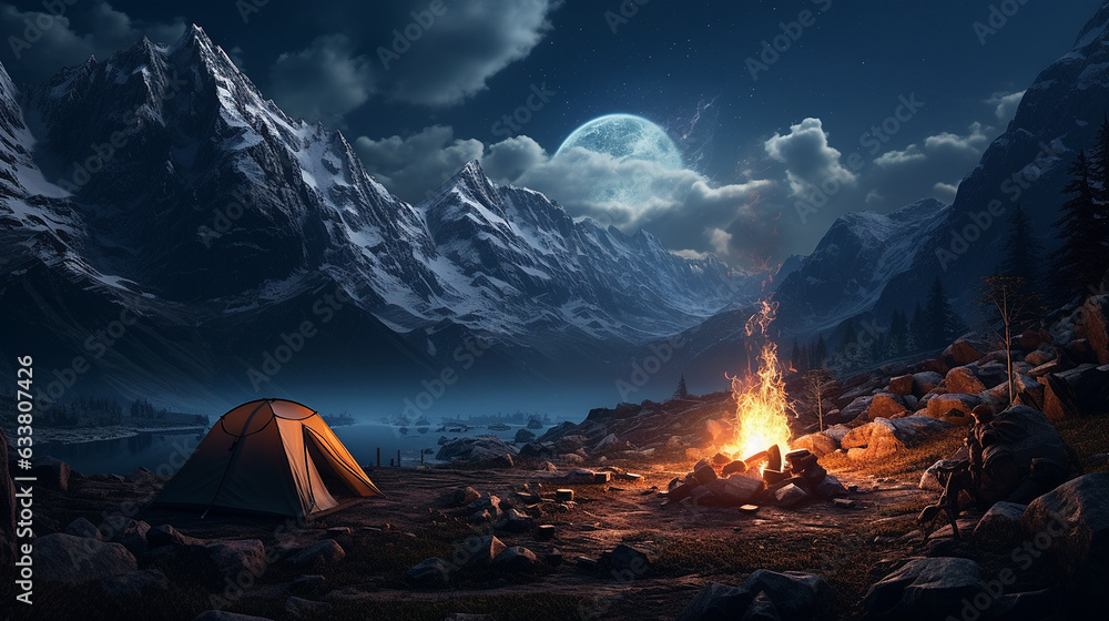 Embrace the calm of a snowy mountain night with our campfire illustration, where the moon and stars illuminate the serene landscape.