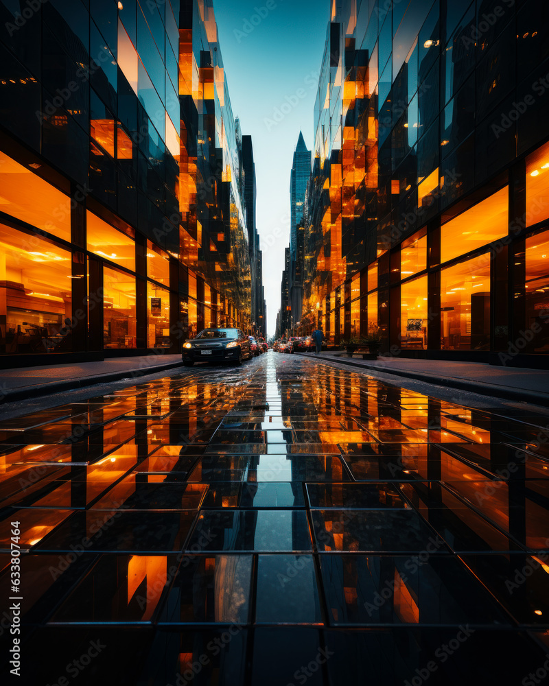 Modern city street with specular tiles on the ground and glassy windows of buildings. Empty urban space with yellow light on. - obrazy, fototapety, plakaty 