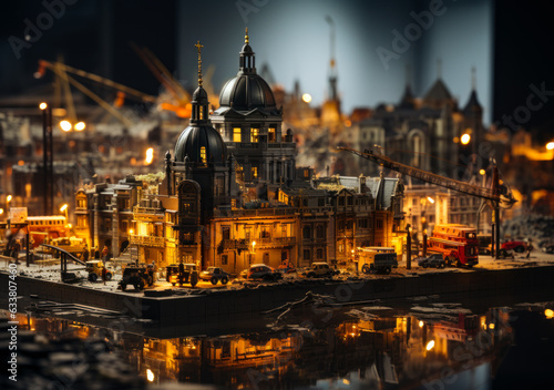 Model of a beautiful old city with stunning architecture. Miniature transport and building cranes around the buildings. © Vadim