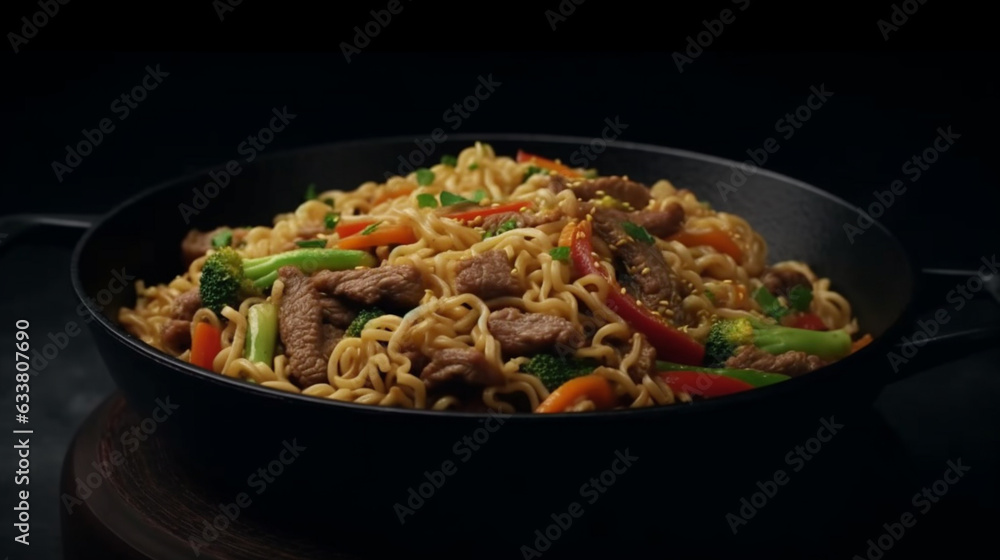 Stir fry noodles with vegetables and beef in black bowl. Generative AI Stir fry noodles with vegetables and beef in black bowl. Generative AI