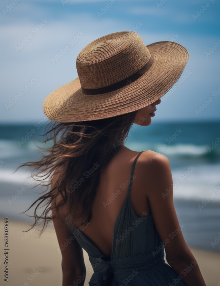 Vertical shot of an attractive woman at the beach wearing a hat and looking at the camera. Generative AI.