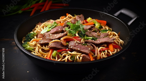 Stir fry noodles with vegetables and beef in black bowl. Generative AI