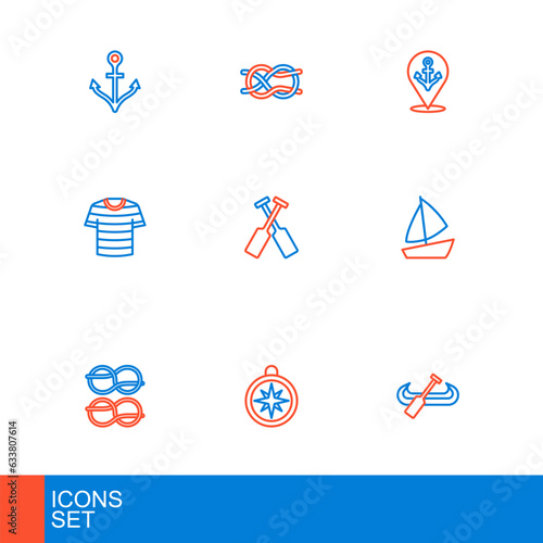 Set line Kayak and paddle, Compass, Nautical rope knots, Yacht sailboat, Striped sailor t-shirt, Crossed oars paddles, Location with anchor and icon. Vector