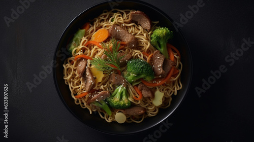 Stir fry noodles with vegetables and beef in black bowl. Generative AI