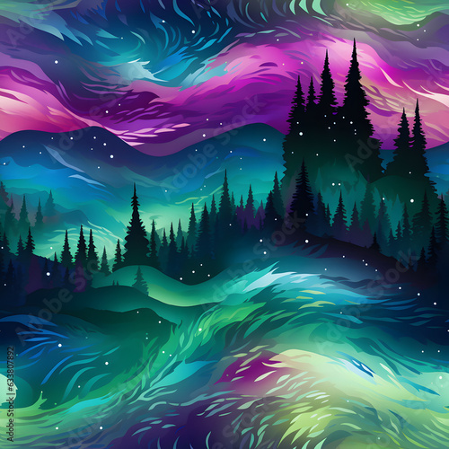 Aurora Borealis magical forest hd pattern, ai generated