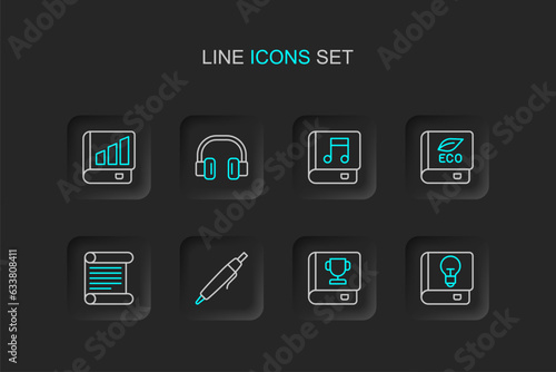 Set line User manual, Book, Pen, Decree, parchment, scroll, about ecology, Audio book, Headphones and Financial icon. Vector