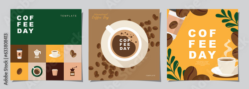 Set of International Coffee Day banner, 1st October holiday. Geometric simple minimalistic horizontal greeting flat style for banner, poster, background. Vector illustration.