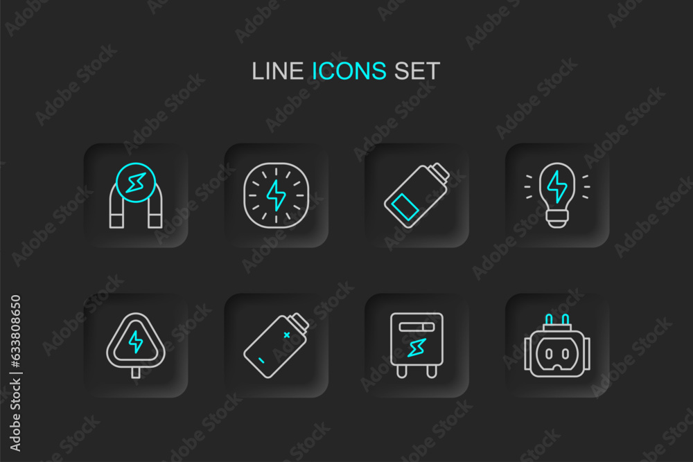 Set line Tee plug electric, Electric meter, Battery charge, High voltage, Creative lamp light idea, Lightning bolt and Magnet icon. Vector Set line Tee plug electric, Electric meter, Battery charge, High voltage, Creative lamp light idea, Lightning bolt and Magnet icon. Vector
