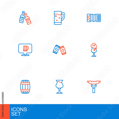 Set line Sausage on the fork, Glass of beer, Wooden barrel, mug, Beer can, Accordion and icon. Vector