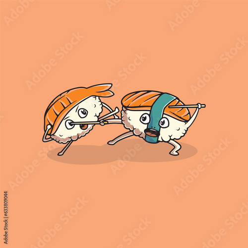 Cute sushi fight cartoon illustration