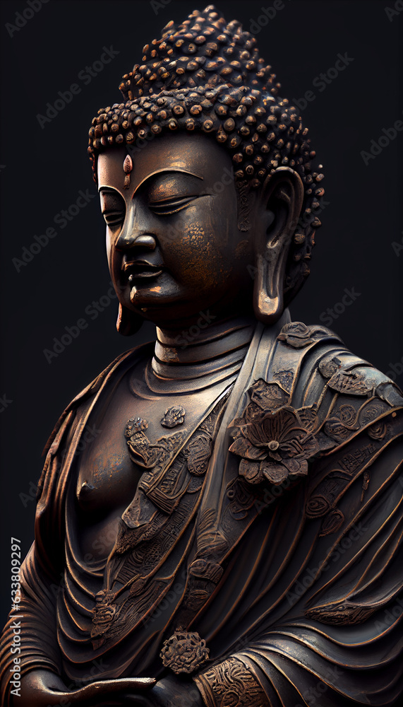 Buddha statue closeup. Buddhism. AI generative