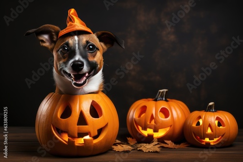 Jack russell terrier in halloween costume with jack o lanterns. Generative AI