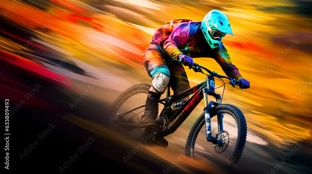 downhill mountain biker, vibrant colors, abstract impressionistic style, dynamic motion blur, action filled