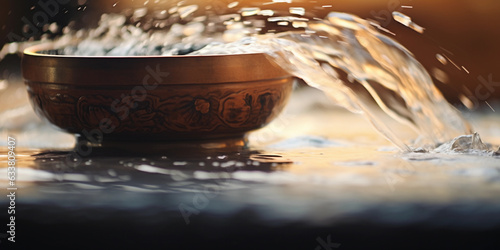 Tibetan singing bowl, wooden mallet, resonating sound waves visible as ripples in water inside the bowl photo