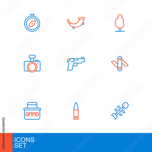 Set line Dead fish, Bullet, Ammunition box, Swiss army knife, Photo camera, Pistol or gun, Tree and Hunting horn icon. Vector