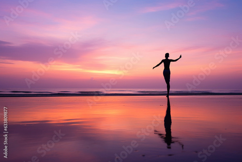 a silhouetted yogi at sunrise, practicing asanas on the beach, gradients of pastel colors, embodying peace and tranquility