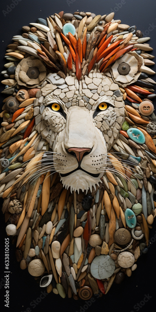 Lion's Majesty in Seashell Art: A Regal Creation Lion's Majesty in Seashell Art: A Regal Creation