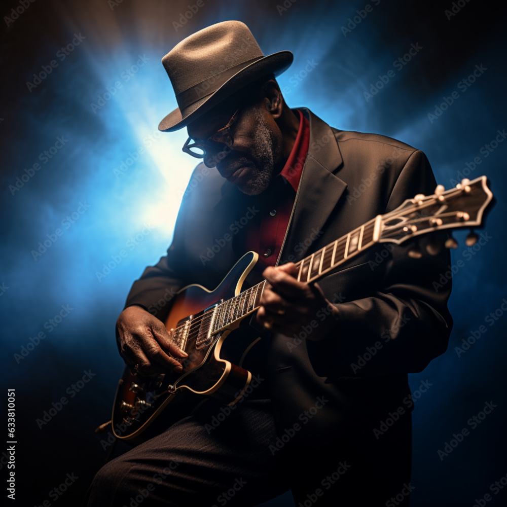 Obraz premium Bluesman play on guitar blues rock under stage light. Festival music concert with songs. Black skin guitarist in hat. Retro style.