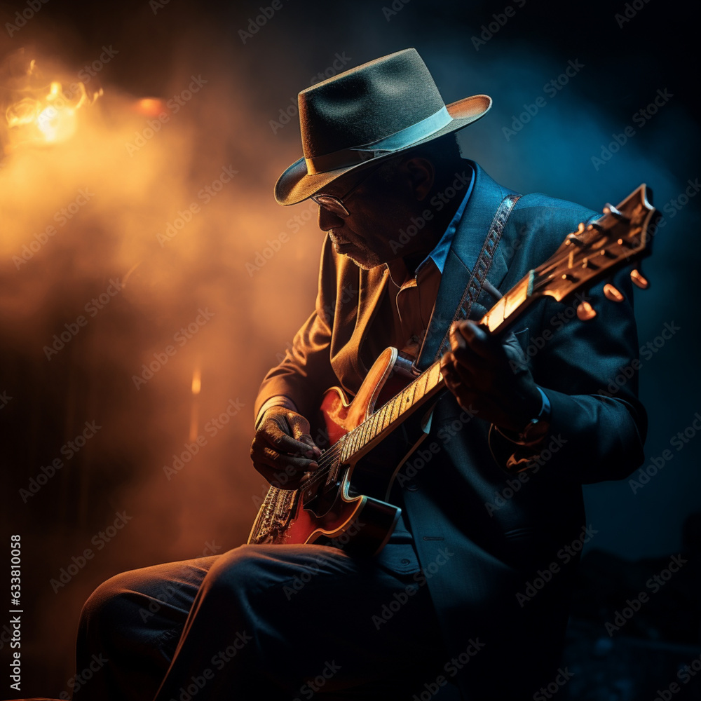 Obraz premium Bluesman play on guitar blues rock under stage light. Festival music concert with songs. Black skin guitarist in hat. Retro style.