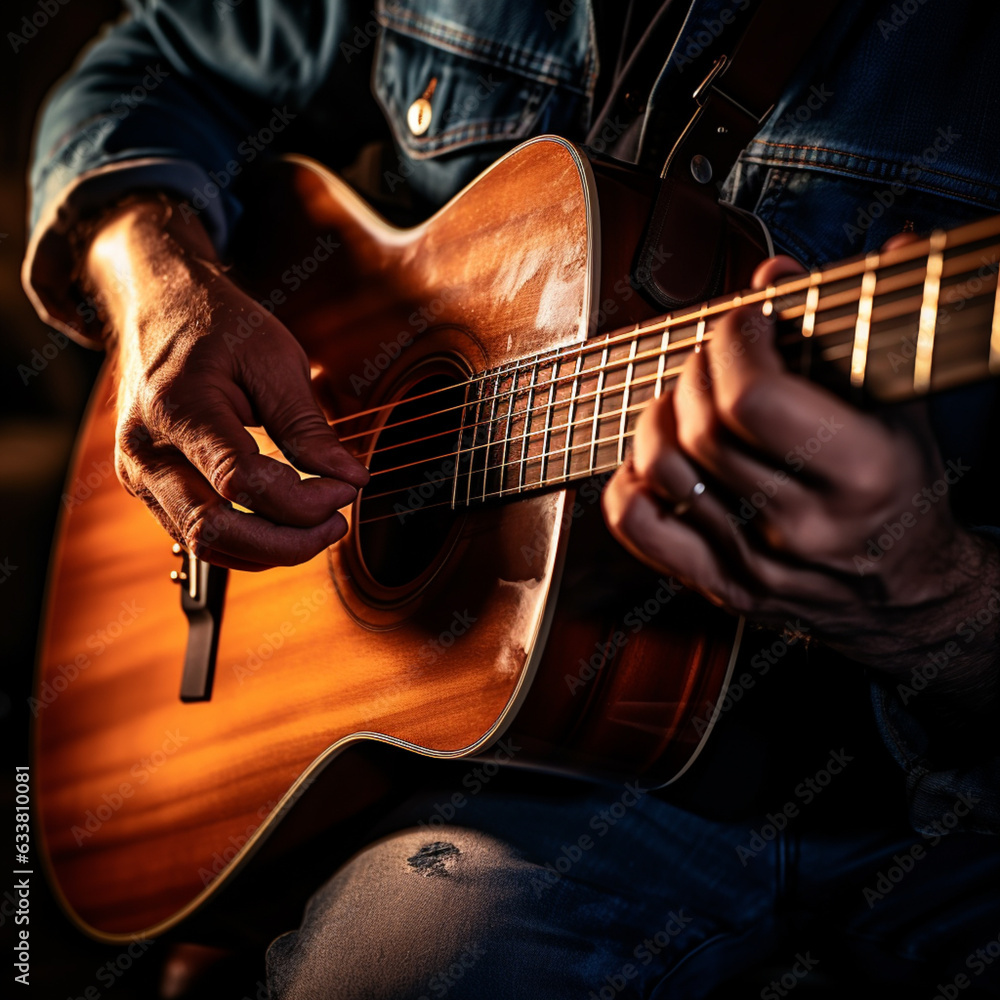 Fototapeta premium Bluesman play on guitar blues rock under stage light. Festival music concert with songs. Black skin guitarist in hat. Retro style.