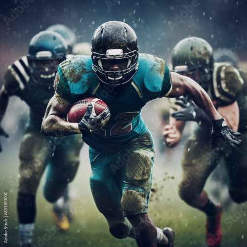 American football players in dynamic action is running with ball at stadium under rain, sport arena, movement, achievements, leadershi, Sports emotions