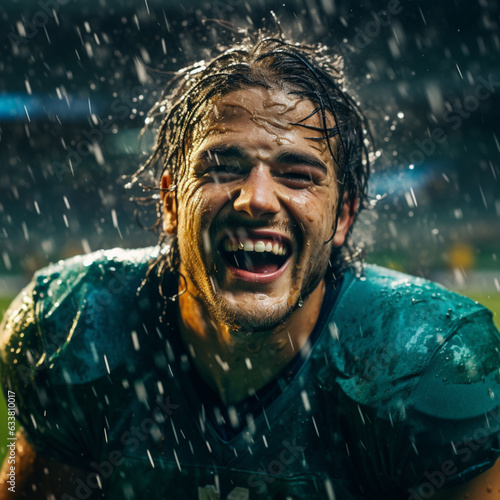 Portrait of champion athlete on stadium American football , emotions of a winner, joy, delight, emotional, rain, splash drops	
