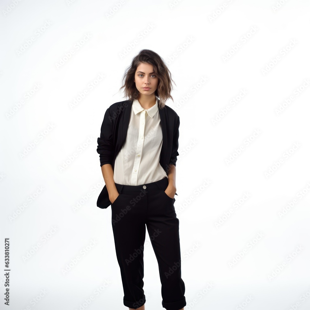 Fullbody portrait of a fictional white woman standing in casual and elegant clothes. Isolated on a plain blank background. Generative AI. Fullbody portrait of a fictional white woman standing in casual and elegant clothes. Isolated on a plain blank background. Generative AI.