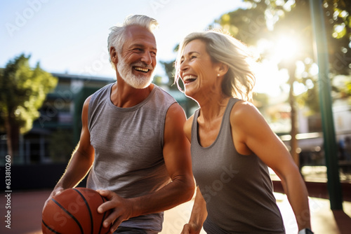 Active sporty middle aged couple playing basketball outdoors, happy man and woman jogging together outdoors, having morning workout. 