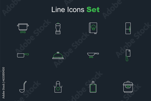 Set line Slow cooker, Cutting board, Kitchen apron, ladle, Meat chopper, Frying pan fire, Covered with tray of food and icon. Vector