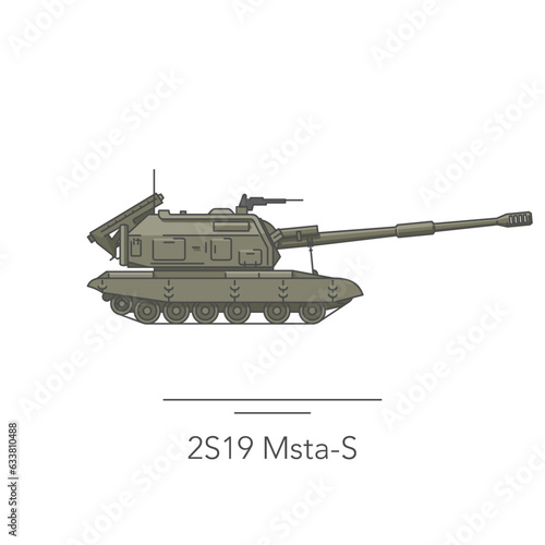 2S19 Msta-S Paladin icon. Outline colorful icon of howitzer on white. Vector illustration photo
