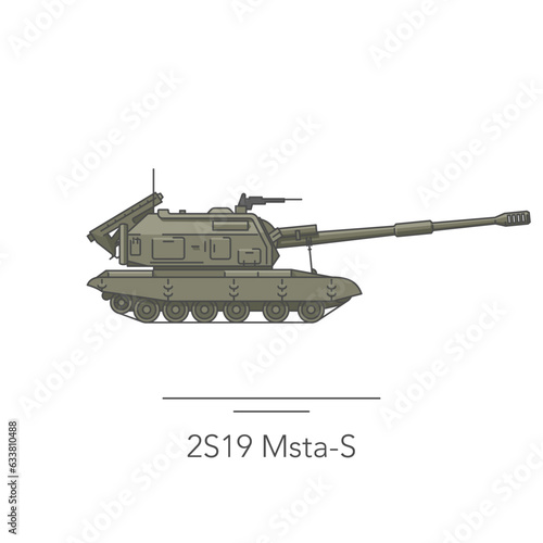 2S19 Msta-S Paladin icon. Outline colorful icon of howitzer on white. Vector illustration