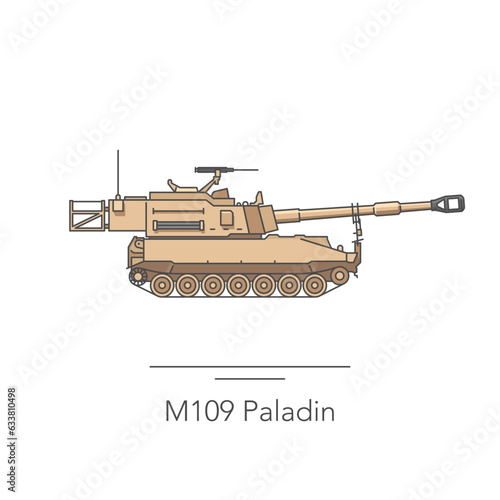 M109 Paladin icon. Outline colorful icon of howitzer on white. Vector illustration
