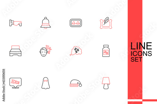 Set line Table lamp, Sleeping hat, Ghost, Sleepy, pill, Dreams and Big bed icon. Vector