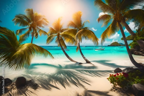 "A serene shoreline: Golden sands meet turquoise waters, palm trees sway gently under a vibrant sunset sky."