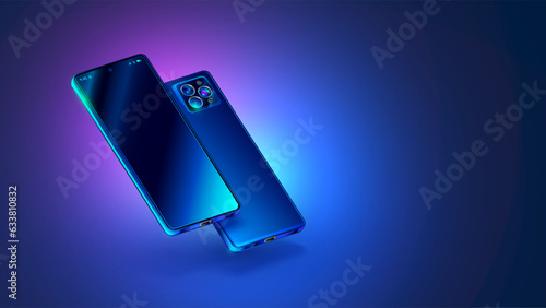 Phones at both sides hanging angle over table. Realistic vector phone mockup with empty screen. Smartphone at screen side and camera side on blue background. Template of rotated modern cellphone.