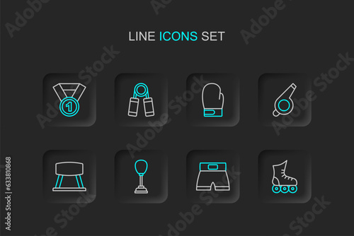 Set line Roller skate, Boxing short, Punching bag, Pommel horse, Whistle, glove, Sport expander and Medal icon. Vector