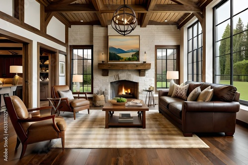 Rustic Living Room  Exposed wooden beams span the ceiling  while a stone fireplace provides a focal point. Plaid upholstered furniture and a leather armchair surround a wooden coffee table