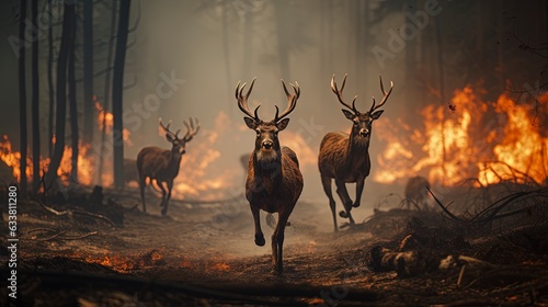 Deer fleeing forest fire, depicting nature's wrath. Dramatic scene of vulnerability and escape.'generative AI' 