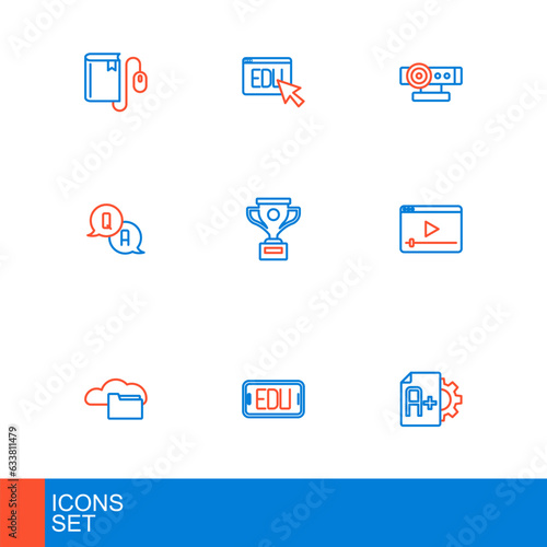 Set line Exam sheet with A plus grade, Online education, Cloud or online library, play video, Question and Answer, Award cup, Web camera and icon. Vector