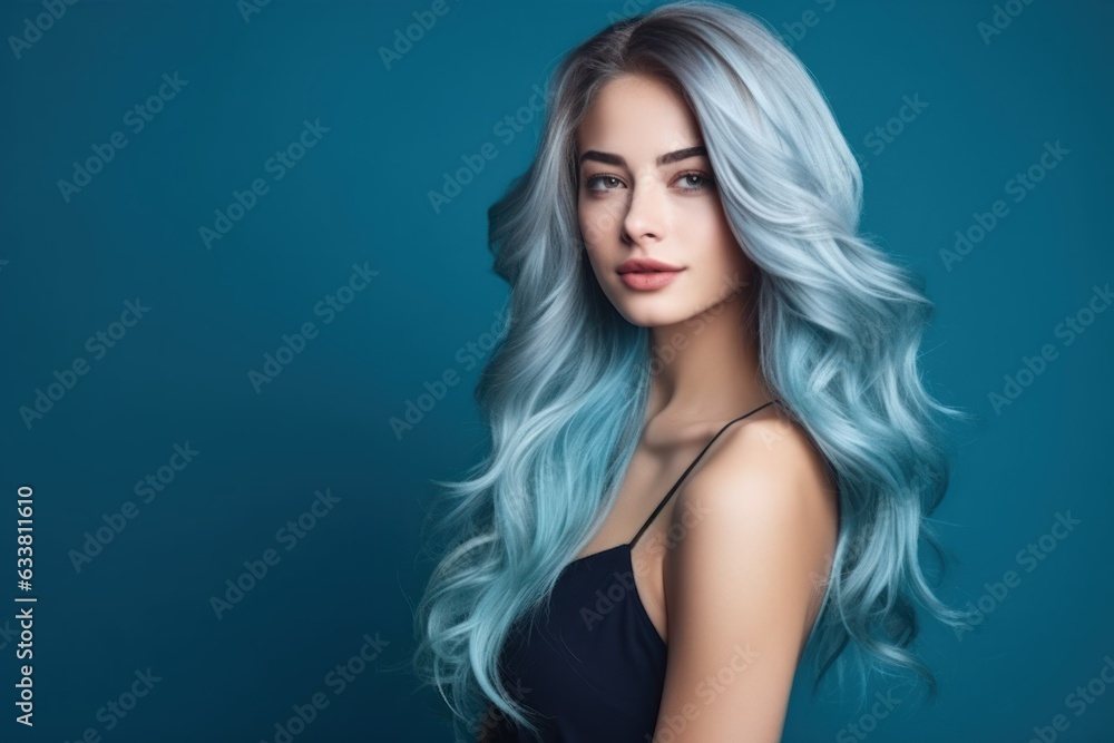 Naklejka premium Portrait of a fictional elegant lady with dyed blue hair. Hairstyle close-up, illustration for hair salon. Isolated on a blue background. Generative AI.