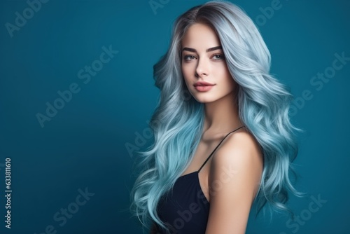 Portrait of a fictional elegant lady with dyed blue hair. Hairstyle close-up, illustration for hair salon. Isolated on a blue background. Generative AI.