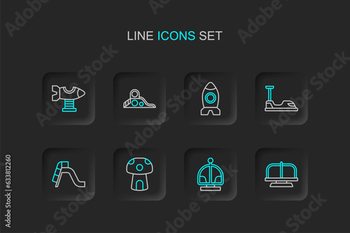 Set line Attraction carousel, Mushroom house, Slide playground, Bumper, Rocket ship toy, and Swing plane icon. Vector © Iryna