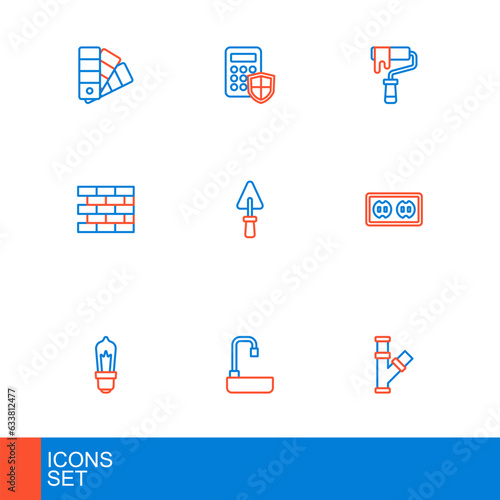Set line Industry metallic pipe, Washbasin, Light bulb, Electrical outlet, Bricks, Trowel, Paint roller brush and Security keypad access panel icon. Vector