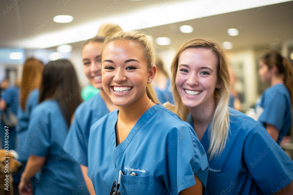 Nursing students in a busy hospital corridor