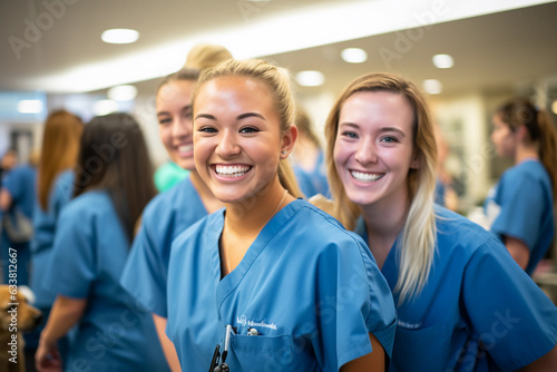 Nursing students in a busy hospital corridor