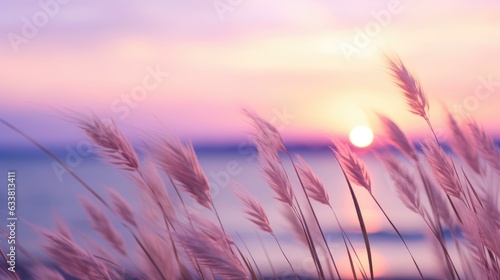Little grass stem close-up with sunset over calm sea, sun going down over horizon. Pink & purple pastel watercolor soft tones. Beautiful nature background. Generative AI
