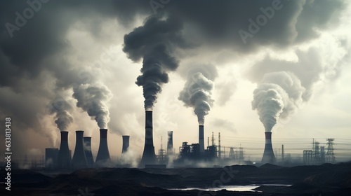 A vivid depiction of air pollution, with CO2 smoke billowing out of industrial chimneys. Environmental degradation and the urgent need for sustainable practices. Generative AI